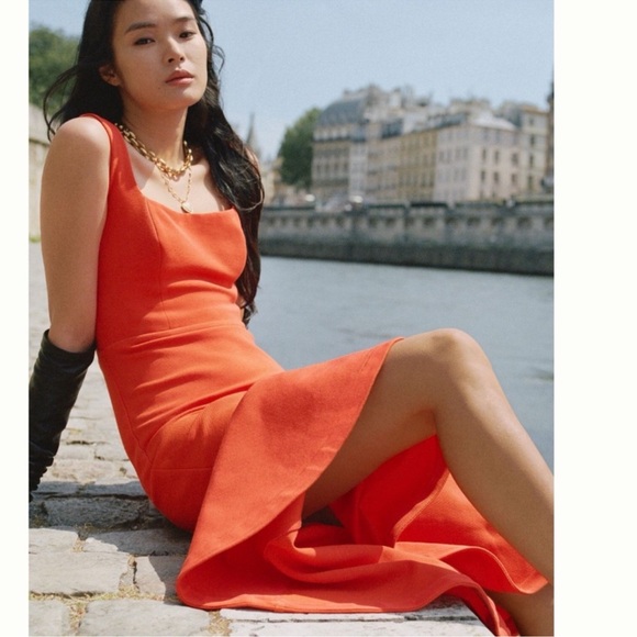 Anthropologie Ariana square neck asymmetrical ruffle hem dress orange small NWT - Picture 4 of 15